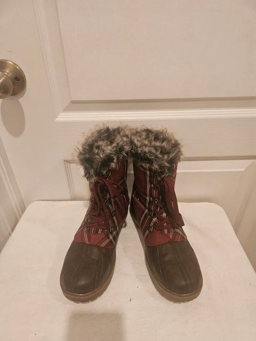 JustFab Burgundy & Brown Faux-Fur Trim Winter Lace-Up Boots